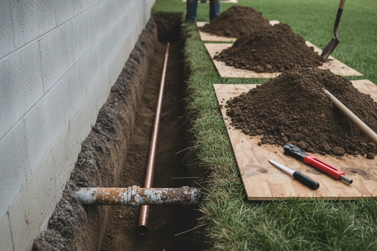 Excavated water line trench during Sewer Line Repair in Elizabeth